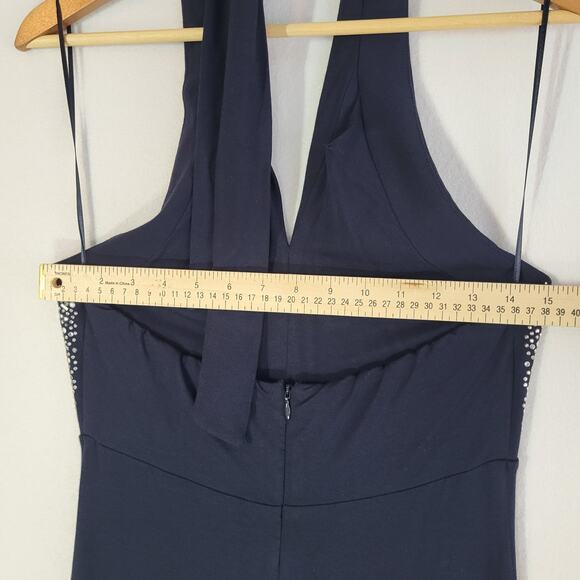 VTG Y2K Cache Beaded Halter Maxi Dress Navy Small Evening Prom Formal Gown READ - Picture 13 of 16